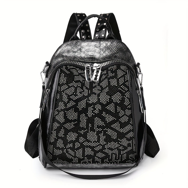 Snakeskin Pattern Backpack Purse Vintage Rhinestone Travel Schoolbag