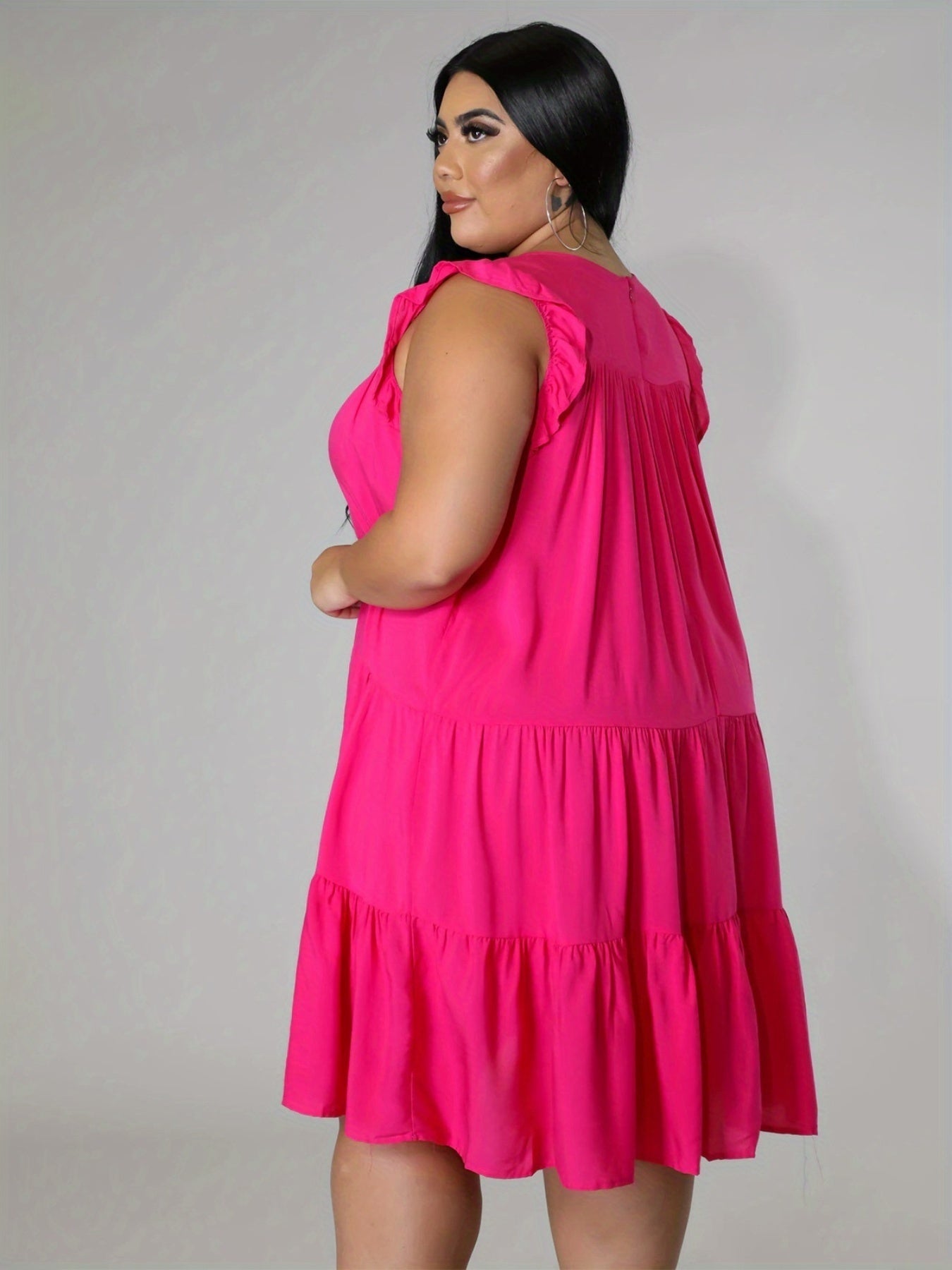  Solid Ruffle Sleeve Round Neck Smock Dress