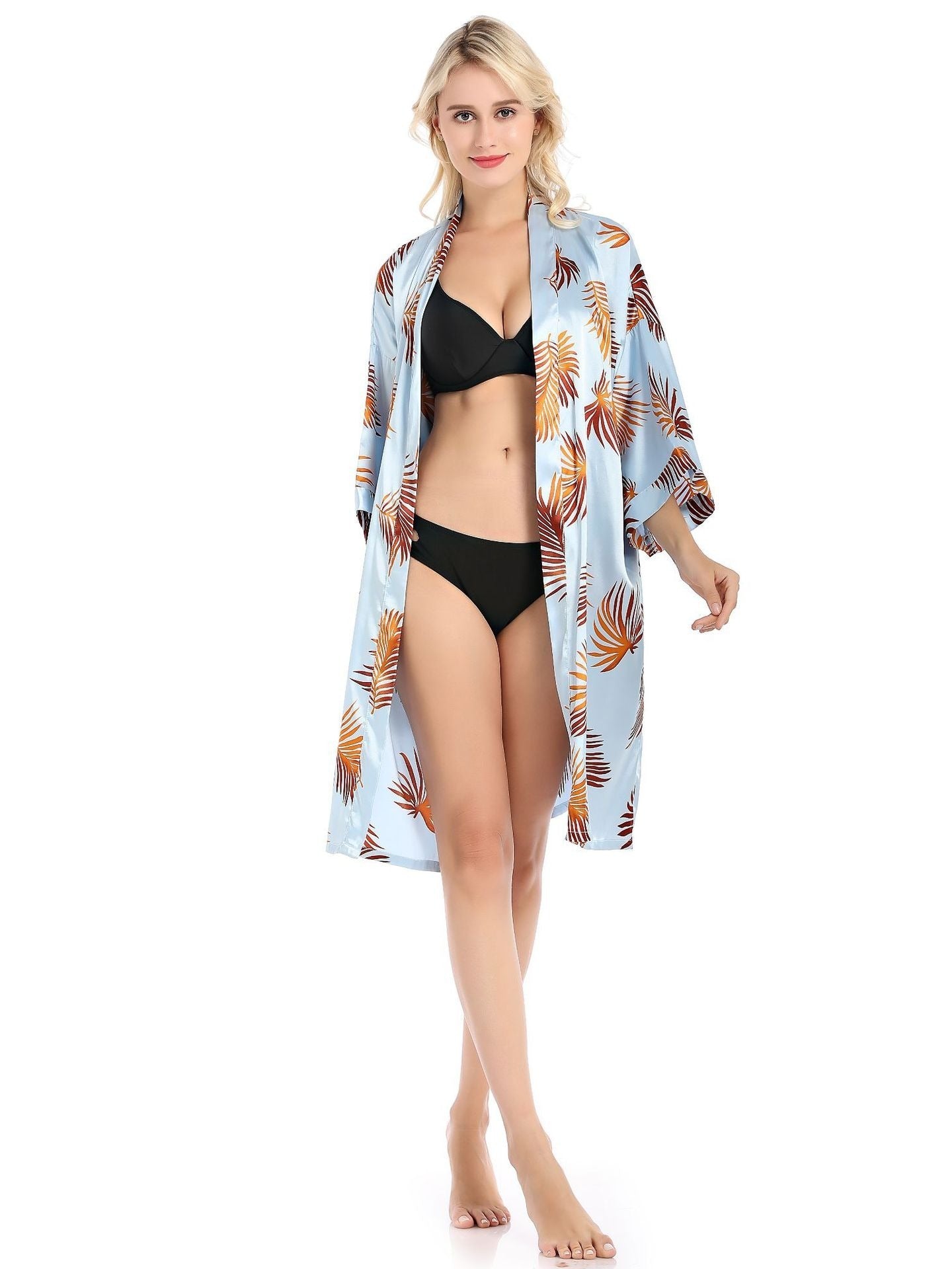 Leaf Print Satin Night Robe Long Sleeve V Neck Robe Women's Sleepwear
