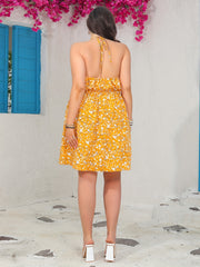  Women's Ditsy Print Halter Neck Backless Dress
