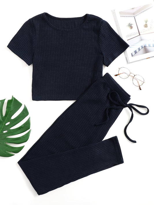 Ribbed Lounge Set Short Sleeve Crew Neck Top & Pants