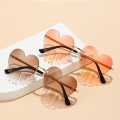 Men's Melting Heart Sunglasses Golden Metal Frameless Tear Drop Eyewear
