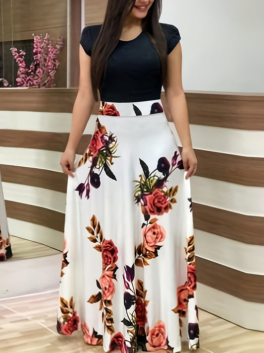 Colorblock Floral Short Sleeve Maxi Dress Plus Size