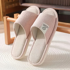 Women's Linen Slippers Open Toe Slip On Home Shoes Bedroom Flat Mute