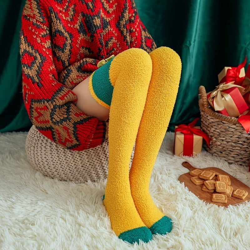 Warm Over The Knee Socks Bowknot Decor Coral Fleece Crew Stockings