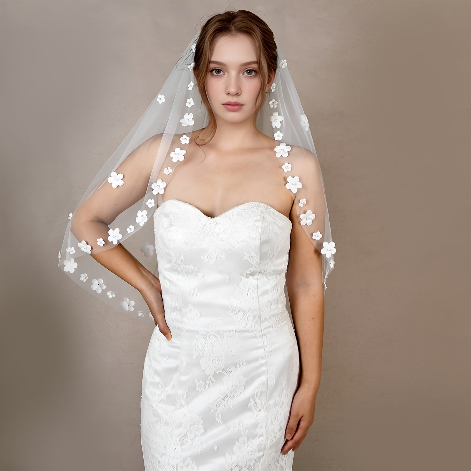Sheer Bridal Veil Headpiece with Floral Embellishments