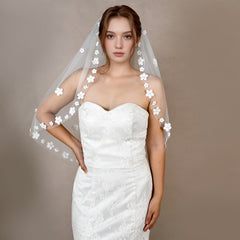 Sheer Bridal Veil Headpiece with Floral Embellishments