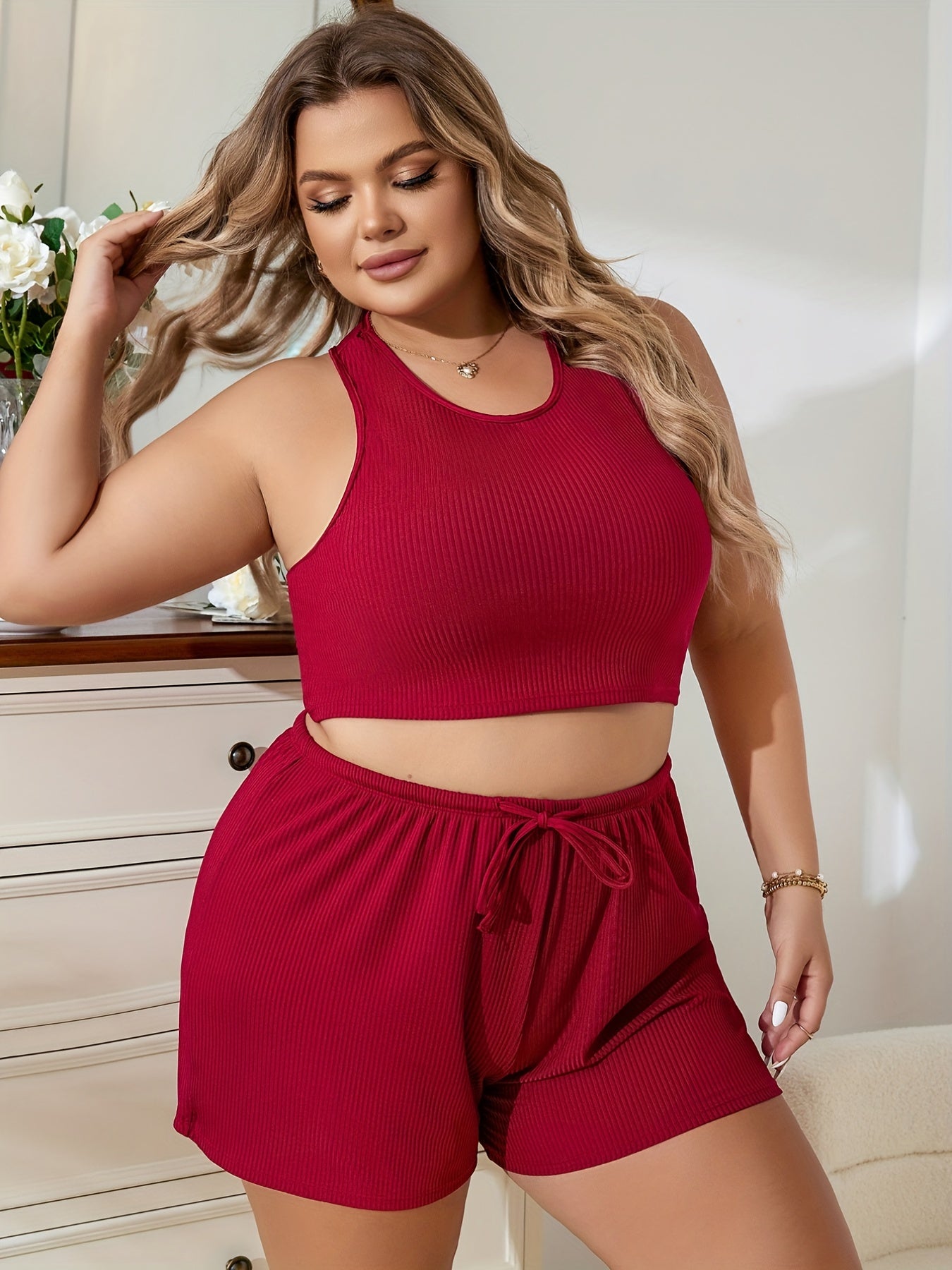  Ribbed Racer Back Crop Tank Top & Tie Shorts Pajama Set