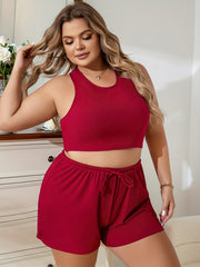  Ribbed Racer Back Crop Tank Top & Tie Shorts Pajama Set