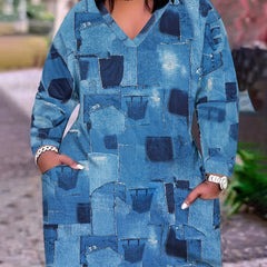  Denim Print V-Neck Long Sleeve Dress with Pockets