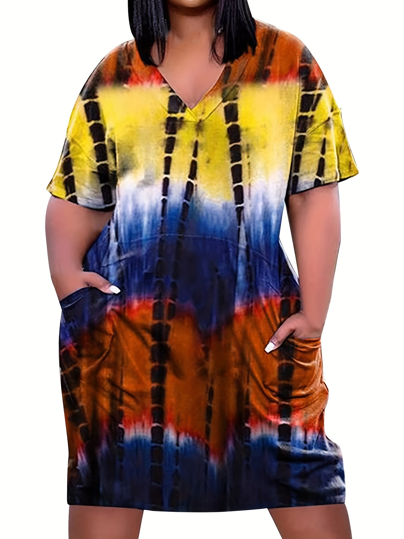  Tie Dye Short Sleeve V Neck Stretch Dress