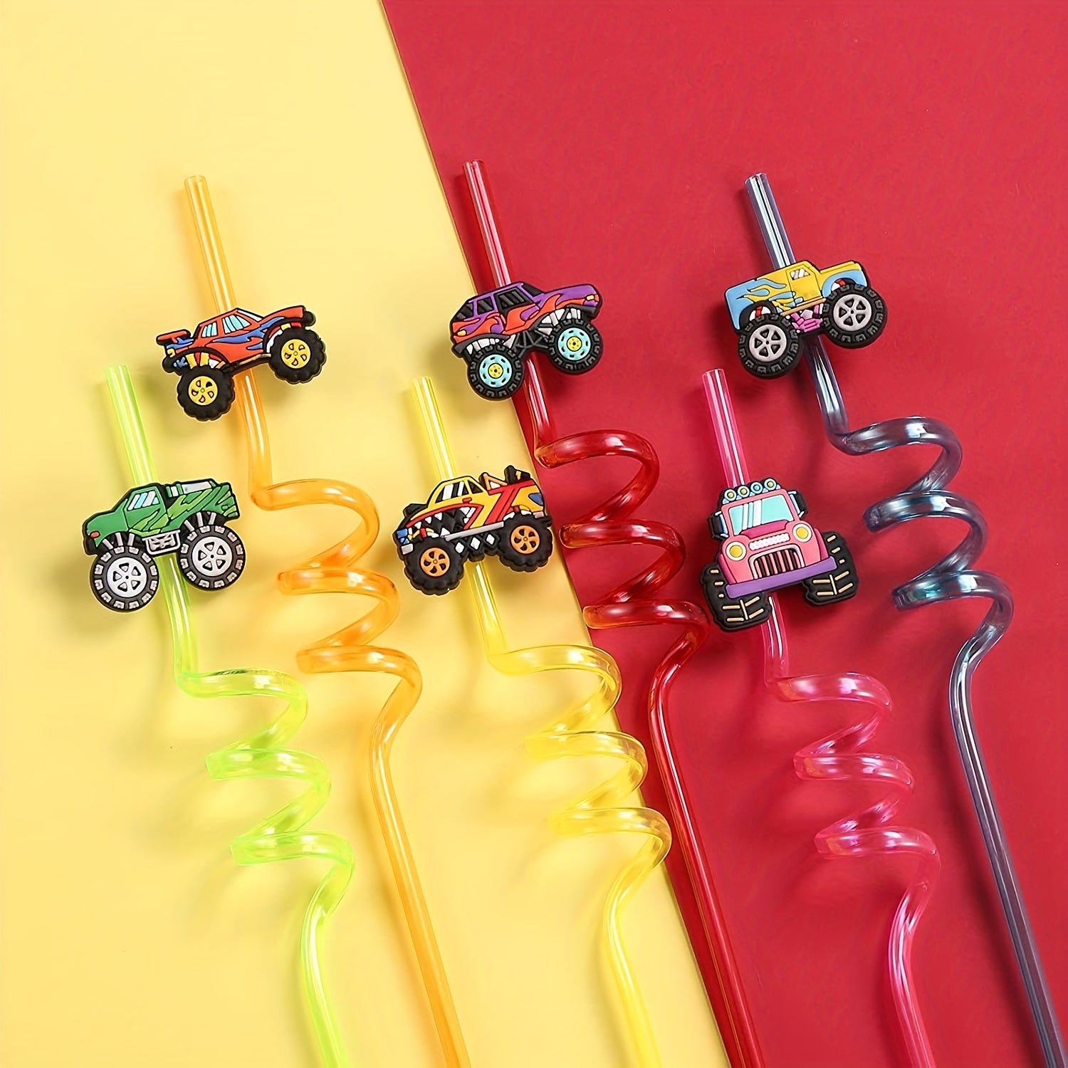 24pcs Monster Truck Big Cars Plastic Straws & 2pcs Brushes