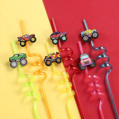 24pcs Monster Truck Big Cars Plastic Straws & 2pcs Brushes