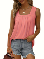 Plus Size Casual Tank Top Women's Plus Square Neck Medium Stretch Pleated