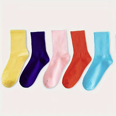 5 Pairs Solid Socks Comfy & Breathable Mid Tube Stockings