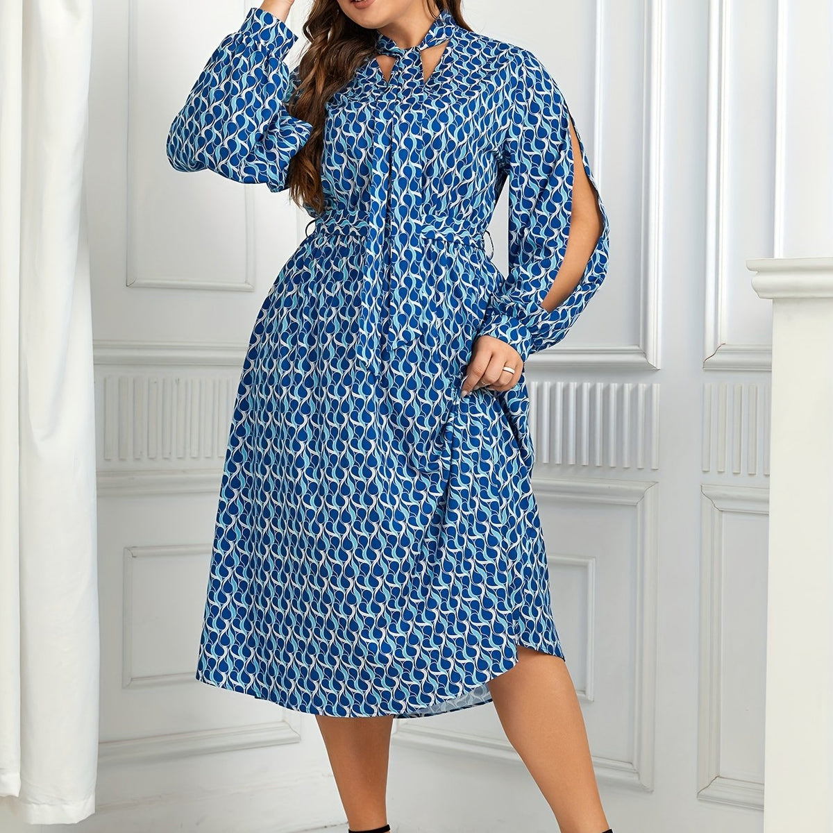  Dress Women's Plus Geometric Print Lantern Sleeve A line Maxi Dress