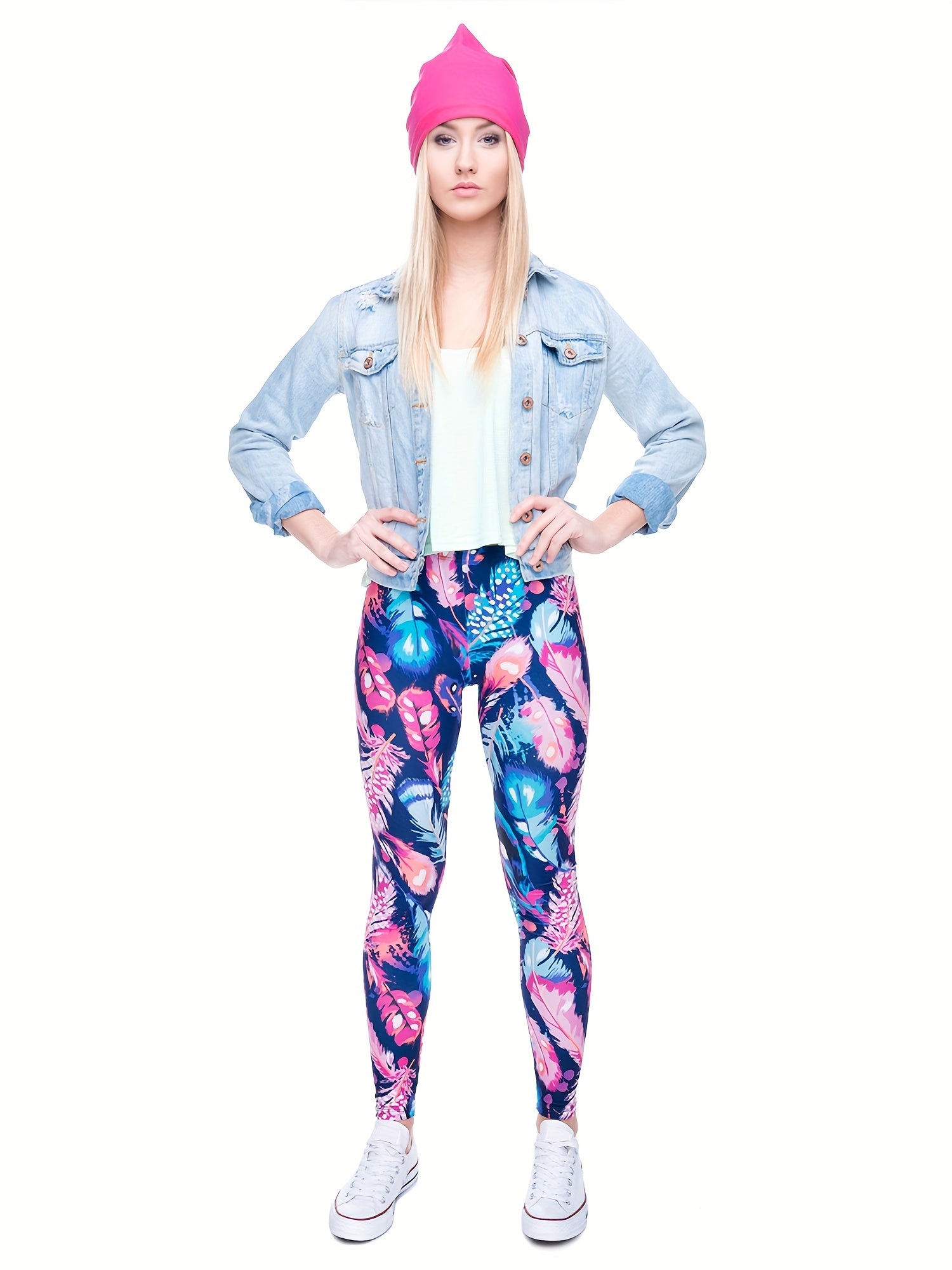 Feather Print Skinny Leggings Stretchy Women's Clothing