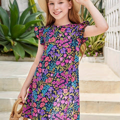 Girls Casual Flower Graphic Ruffle Trim Dress Summer Party Gift