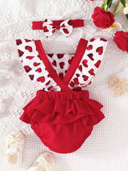 Newborn Infant Heart Print Romper & Bow Headband Set For Baby Girls