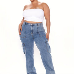 Women's Plus Button Fly High Rise Straight Leg Cargo Jeans