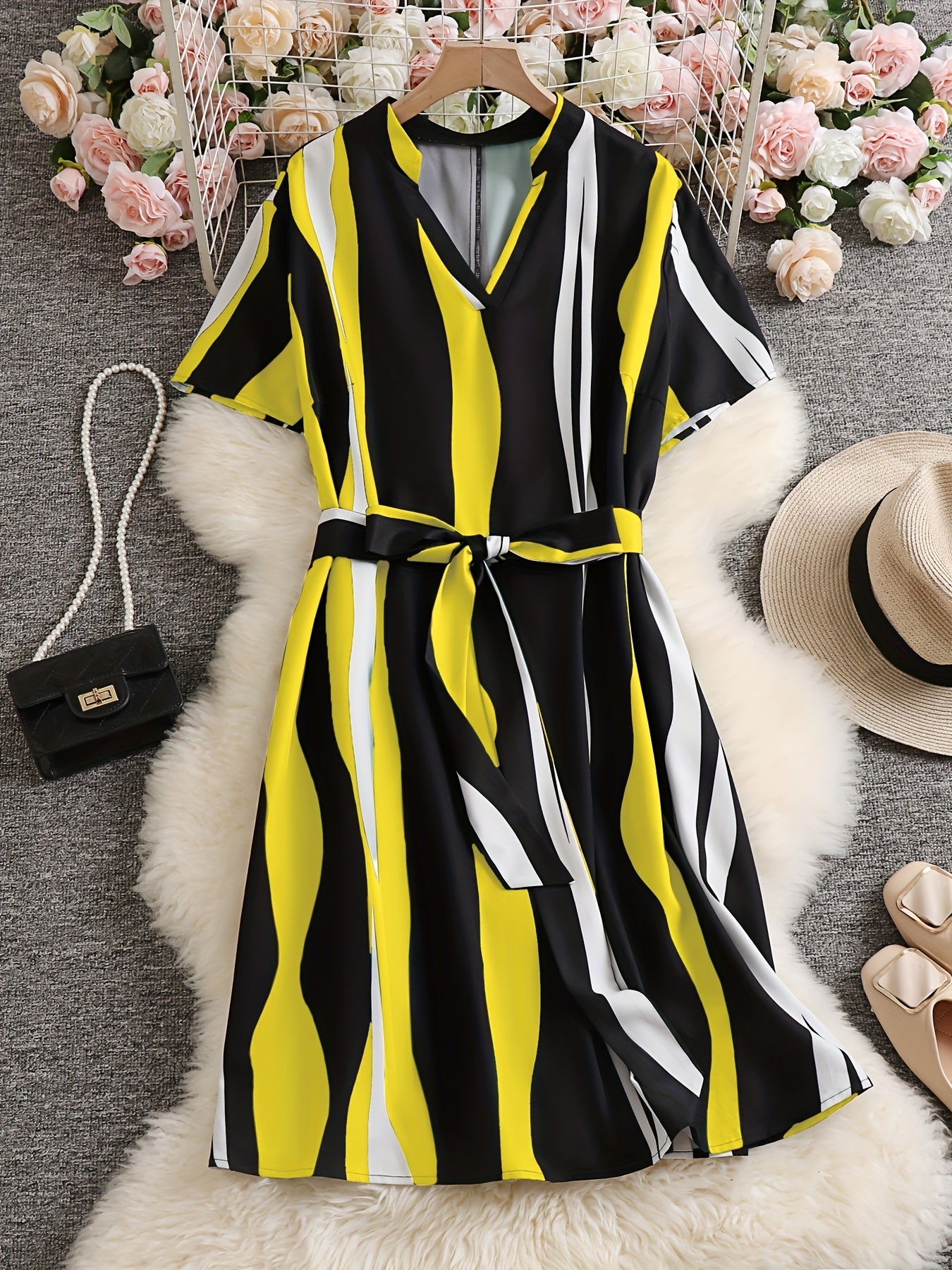  Women's Stripe Print Notched Neck Cap Sleeve Mini Dress