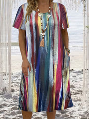  Colorblock Stripe Print Short Sleeve Dress With Pockets