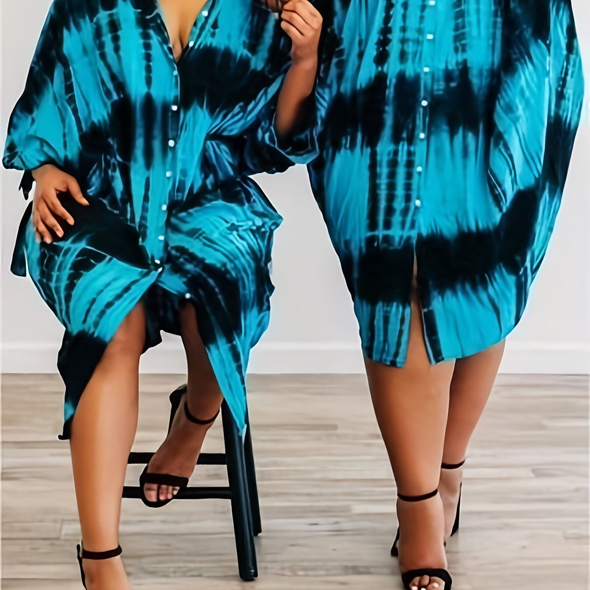 Women's Plus Tie Dye Long Sleeve Button Up Shirt Dress