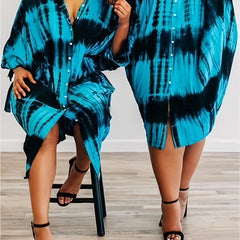 Women's Plus Tie Dye Long Sleeve Button Up Shirt Dress