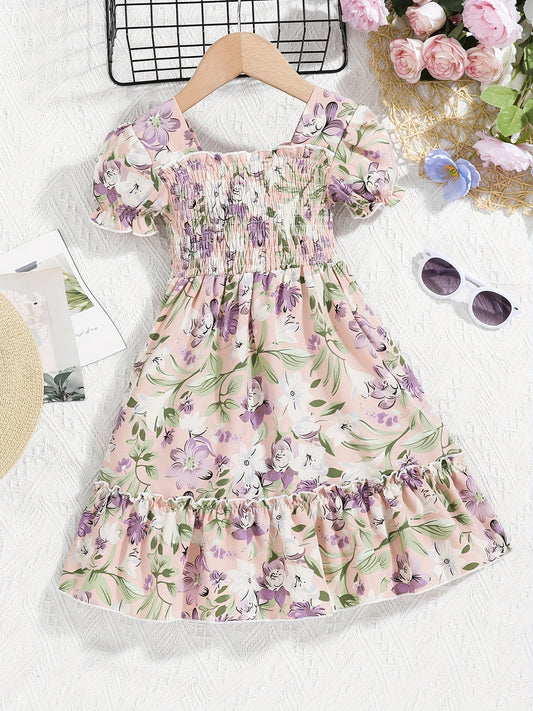 Girls Flower Print Short Sleeve Dress Kids Clothing Spring Autumn