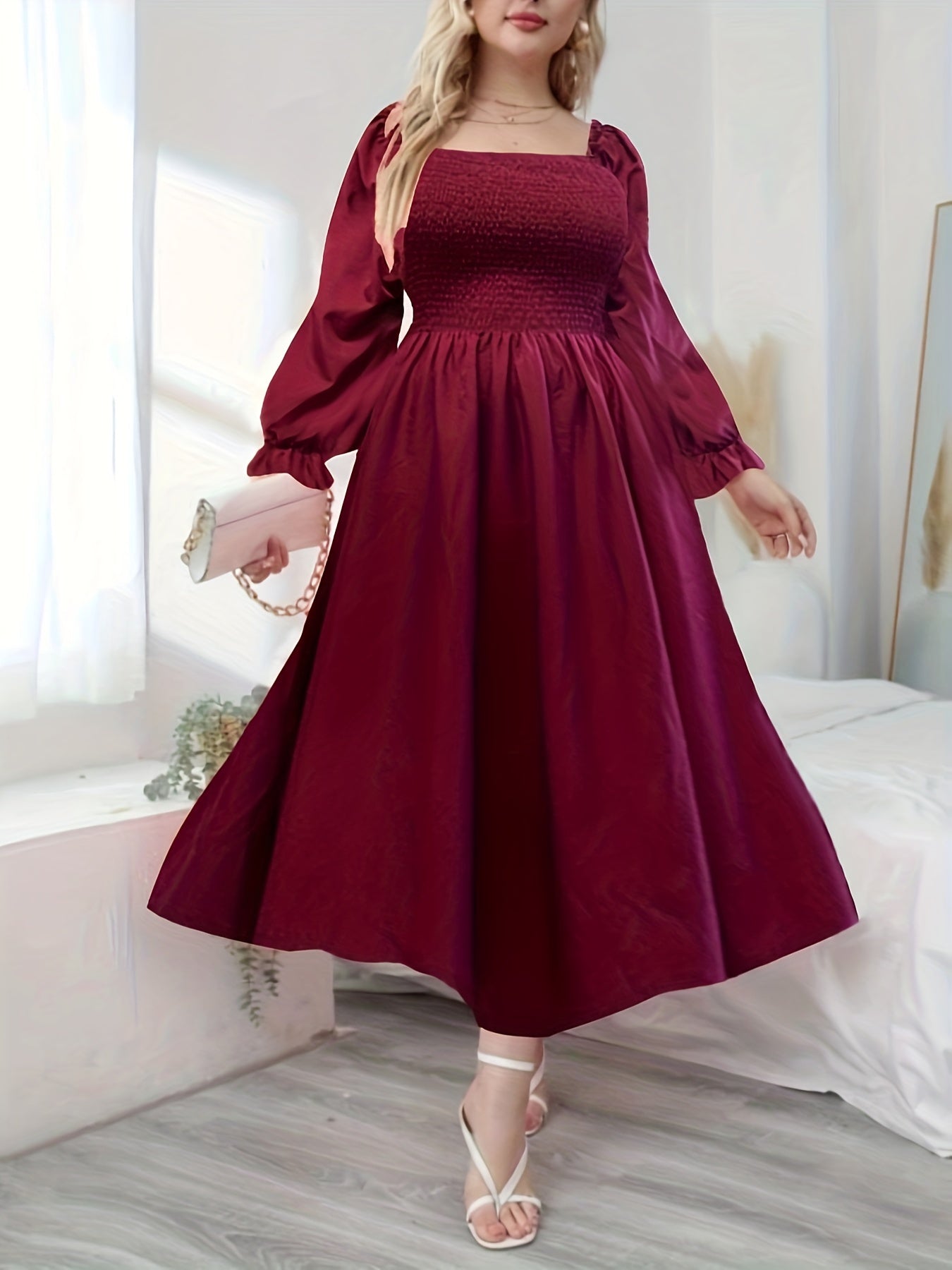  Solid Lantern Sleeve Maxi Dress