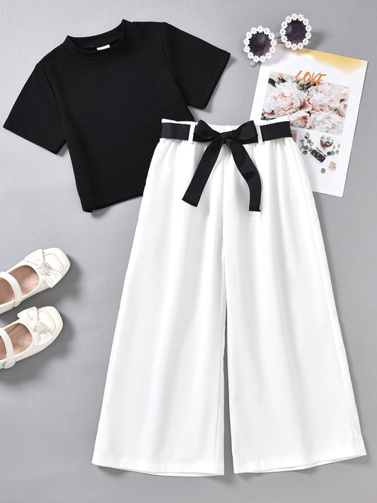 Girls Cotton Ribbed Short Sleeve Top Wide Leg Pants Summer