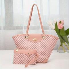 Geometric Pattern Tote Bag Set Shoulder Bag With Clutch Purse Women's Handbag