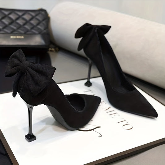 Solid Stiletto Heels Pointed Toe Slip-On Shoes with Bowknot Details
