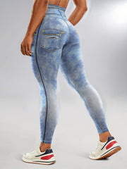 Faux Denim Print Yoga Leggings High Waist Butt Lifting Tummy Control