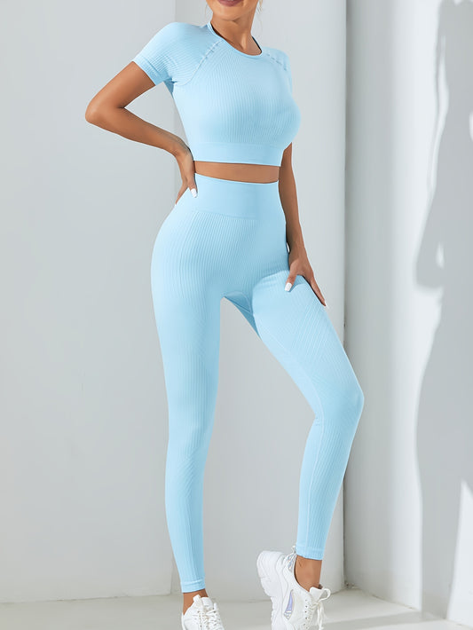 Solid Workout Set Crop Top & Leggings Women's Activewear