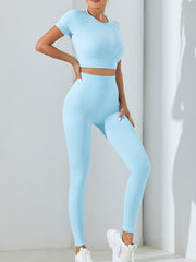 Solid Workout Set Crop Top & Leggings Women's Activewear