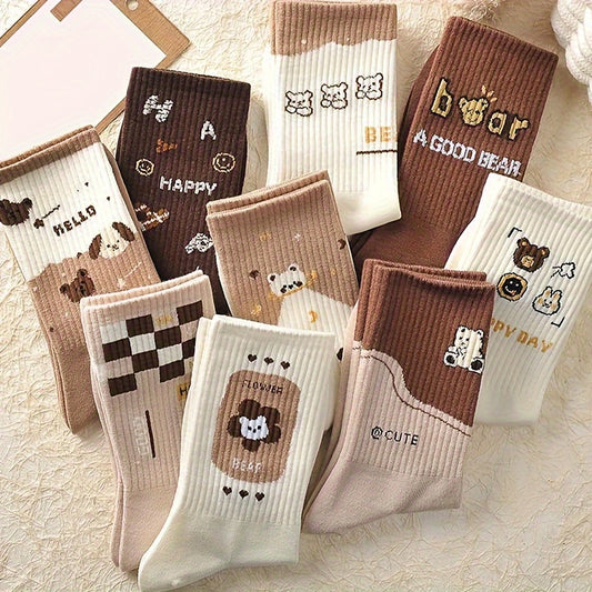 9 Pairs Cartoon Print Socks Women's Mid Tube Stockings