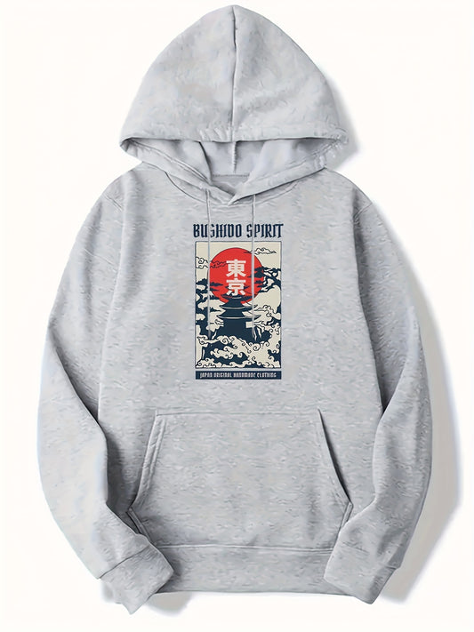 Japanese Style Print Hoodies For Men Graphic Sweatshirt With Kangaroo Pocket