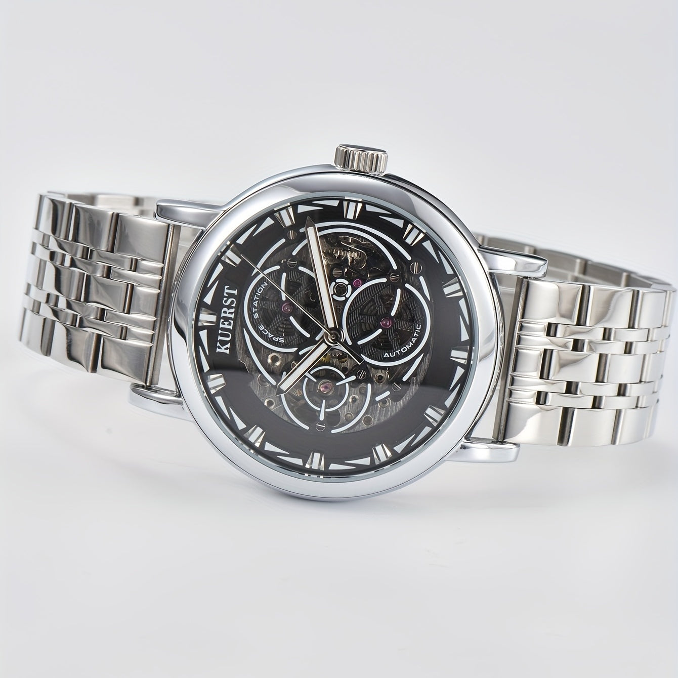KUERST Men's Steel Strap Mechanical Watch Luminous Dial Creative Wristwatch