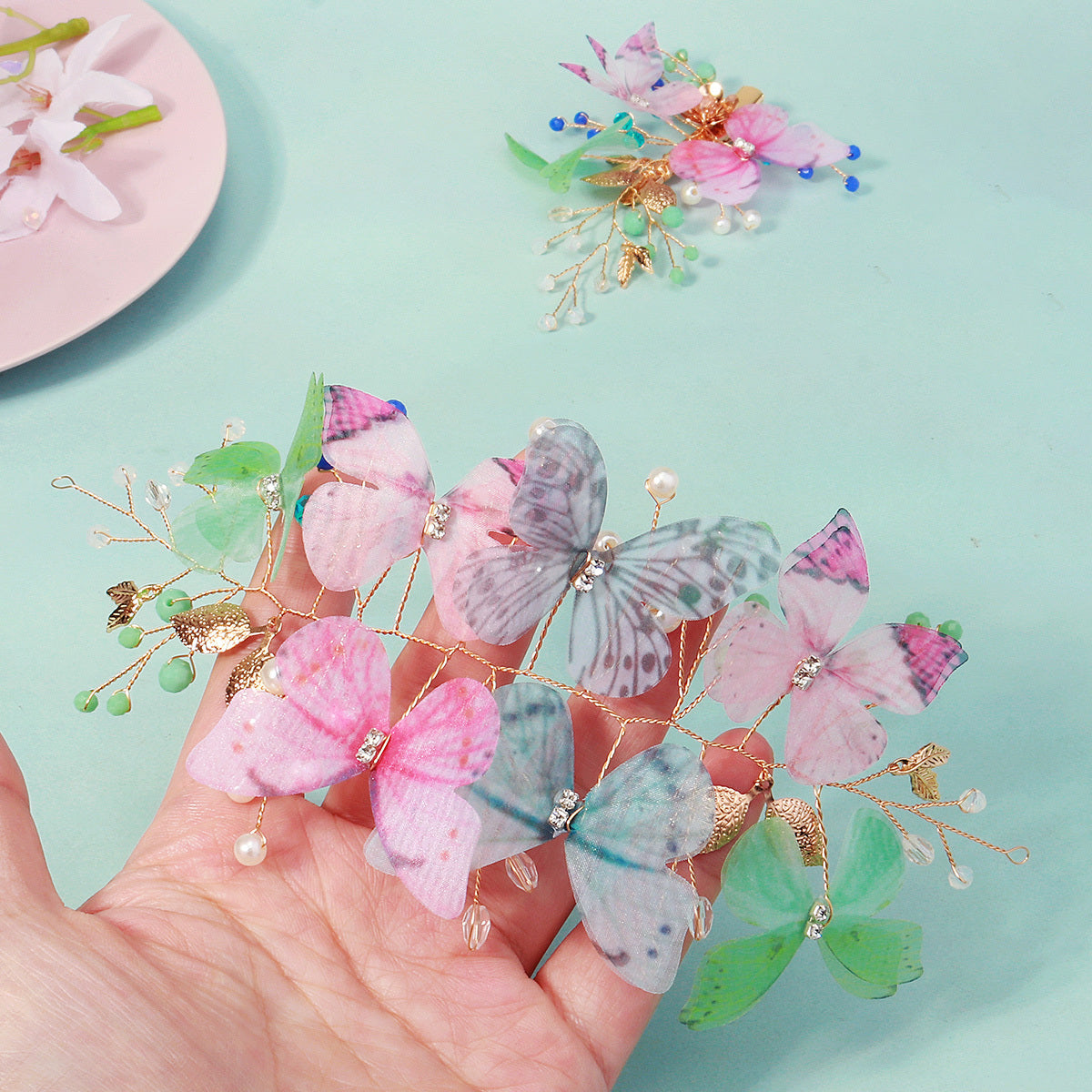 2pcs Summer Dopamine Butterfly Hair Clips Gradient Wedding Decorations