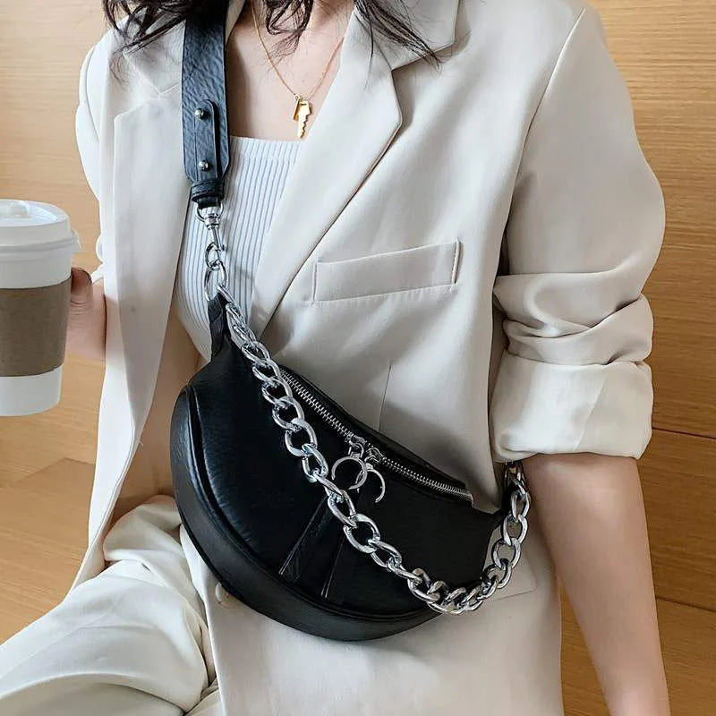 Leather Women Fanny Pack Chains Female Waist Pack