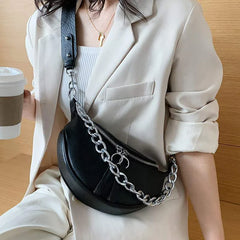 Leather Women Fanny Pack Chains Female Waist Pack