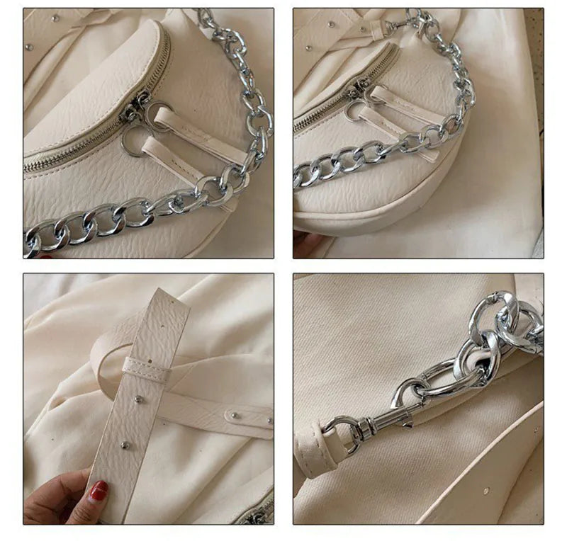 Leather Women Fanny Pack Chains Female Waist Pack