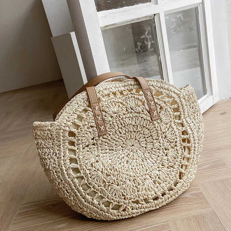 Round Straw Bag For Women Woven Beach Tote Shoulder Handbag