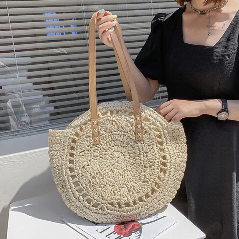 Round Straw Bag For Women Woven Beach Tote Shoulder Handbag