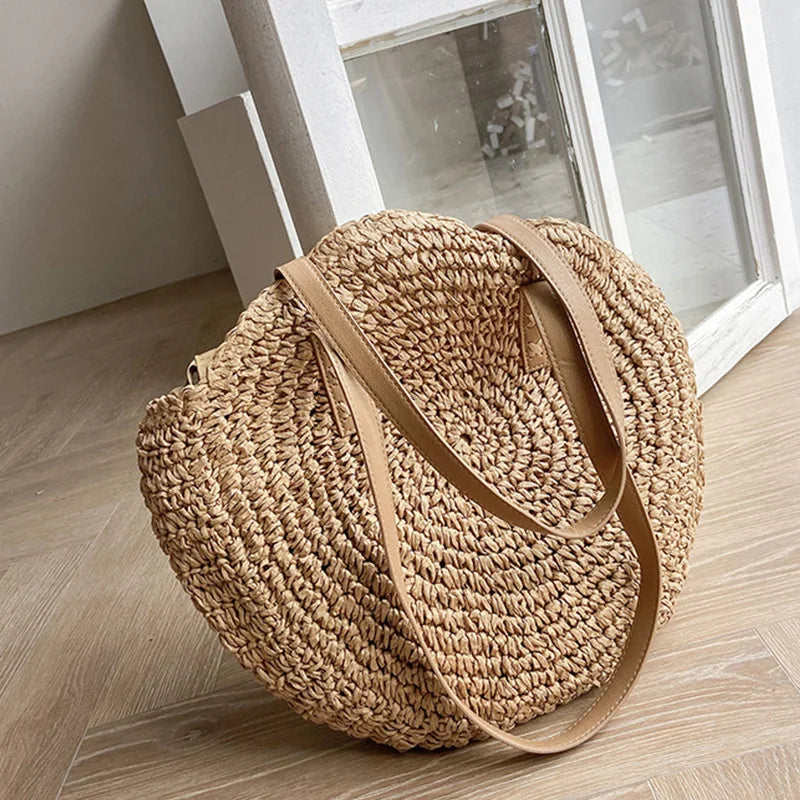 Round Straw Bag For Women Woven Beach Tote Shoulder Handbag