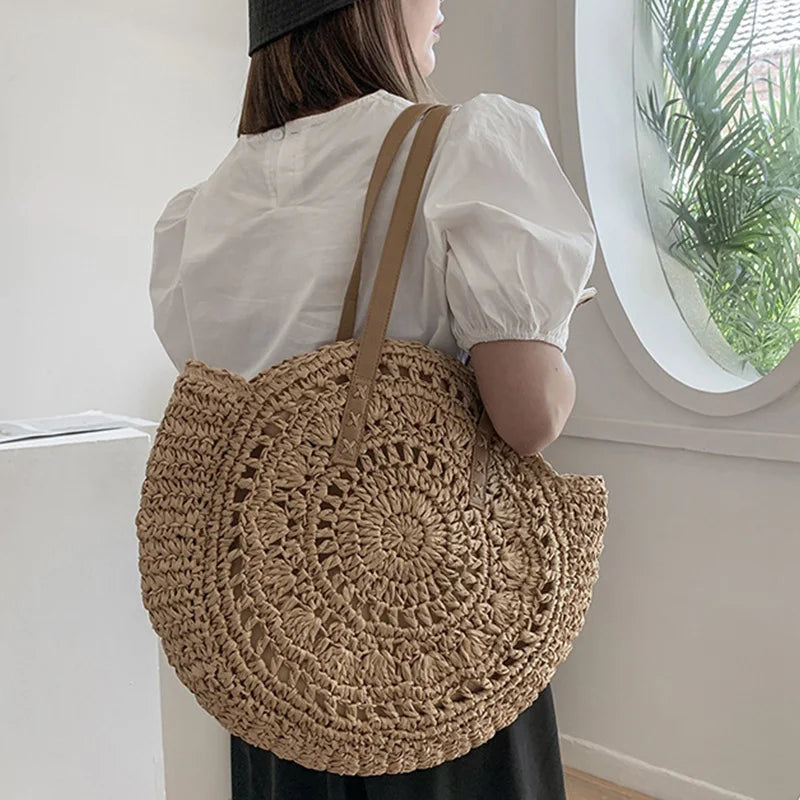 Round Straw Bag For Women Woven Beach Tote Shoulder Handbag