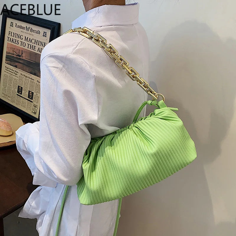 Women's Solid Chain Crossbody Bag PU Leather Striped Cloud Bag