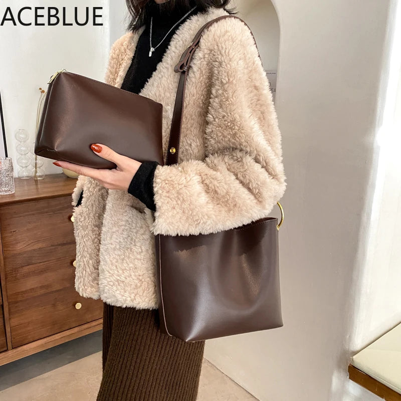 Retro Bucket Bag Solid PU Leather Crossbody Bag