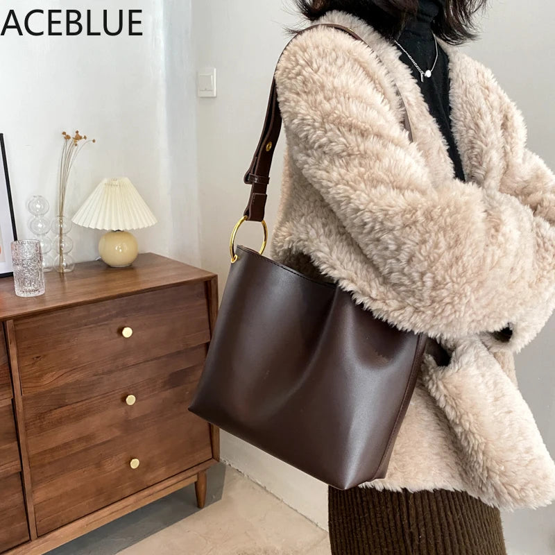 Retro Bucket Bag Solid PU Leather Crossbody Bag